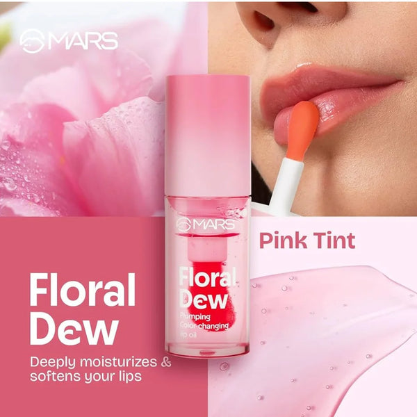 MARS Floral Dew lip oil on applicator showing pink-orange tint; mini bottle
