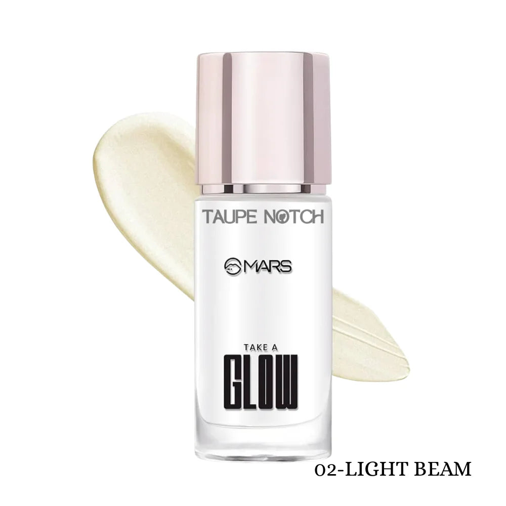 MARS Take A Glow illuminating primer bottle, shade 02-LIGHT BEAM, taupe cap