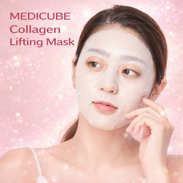 Woman wearing a Medicube Collagen Lifting Mask against a pink background