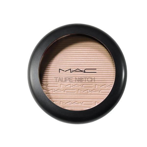 Compact powder highlighter in taupe with embossed MAC logo and stripes.