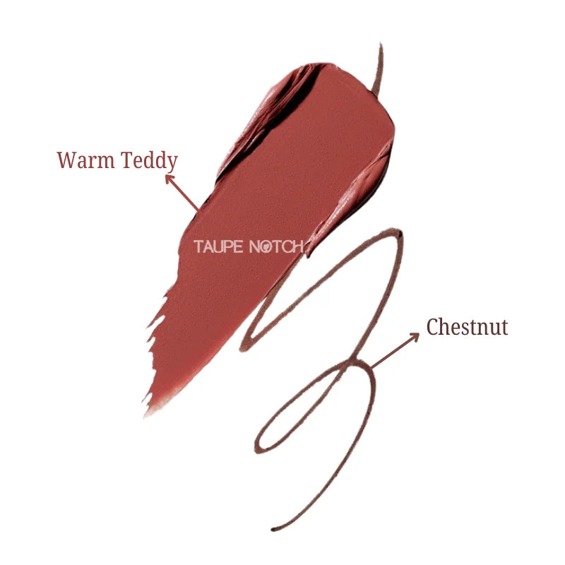 Lip swatches: Warm Teddy warm rose-brown and Chestnut brown, shown on skin