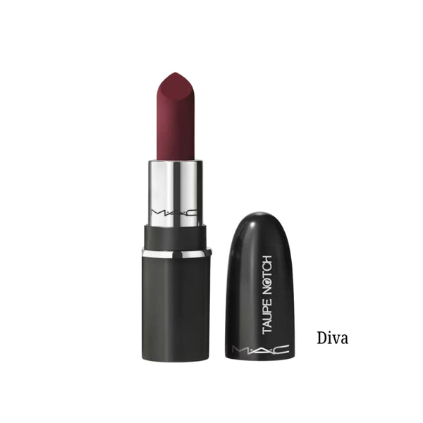 Lipstick mini in Diva, deep berry matte bullet with black tube and silver ring