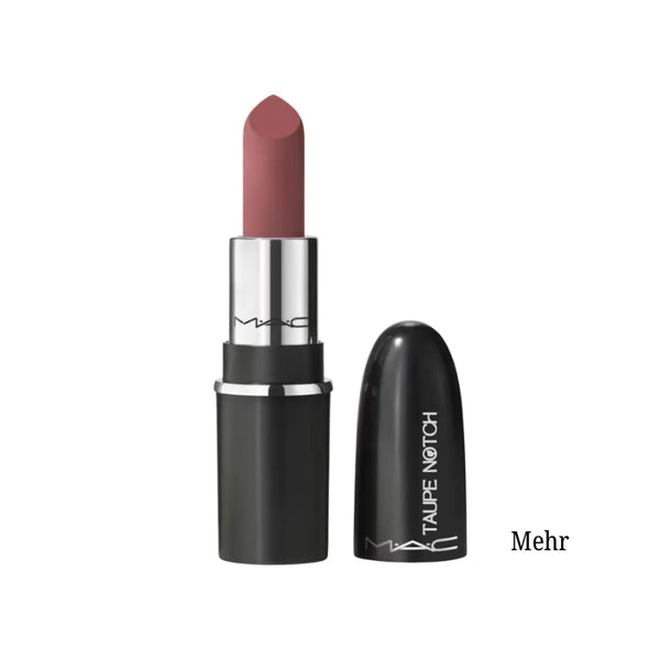 Lipstick mini in Mehr, dusty rose matte bullet with black tube and silver ring