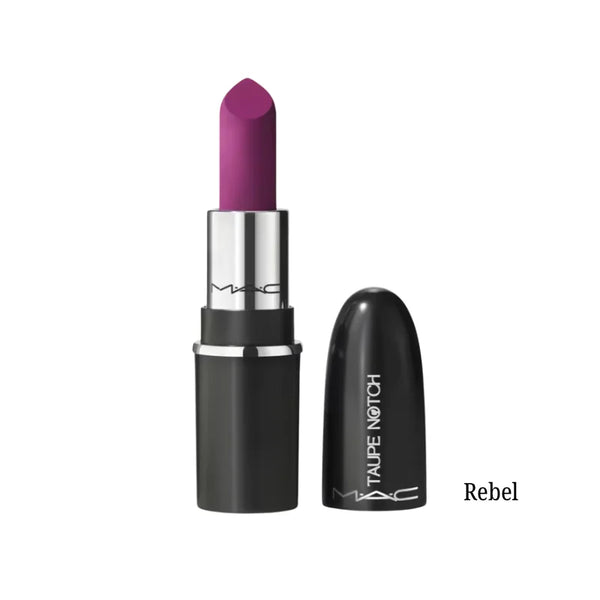 Lipstick mini in Rebel, vivid plum matte bullet with black tube and silver ring