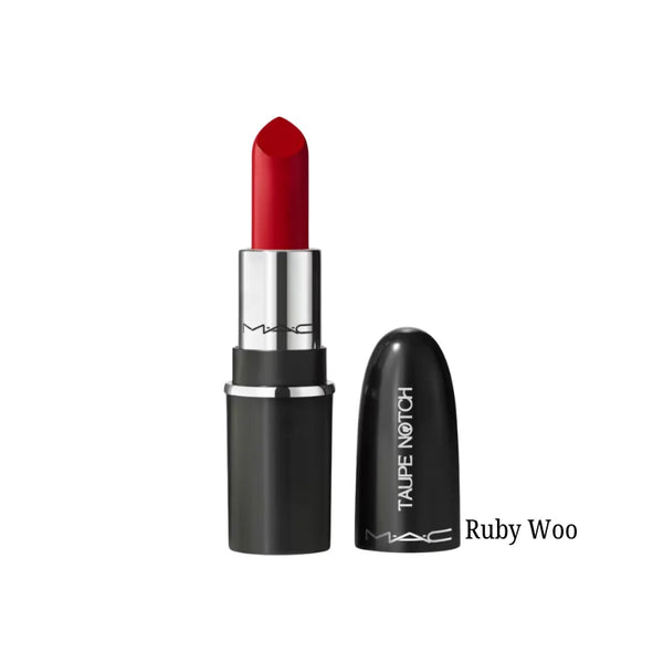 Lipstick mini in Ruby Woo, red matte bullet with black tube and silver ring