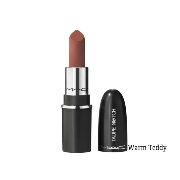 Lipstick mini in Warm Teddy, warm brown matte bullet with black tube and silver ring