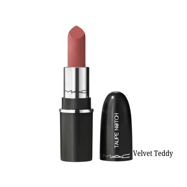 Lipstick mini in Velvet Teddy, mauve nude matte bullet with black tube and silver ring