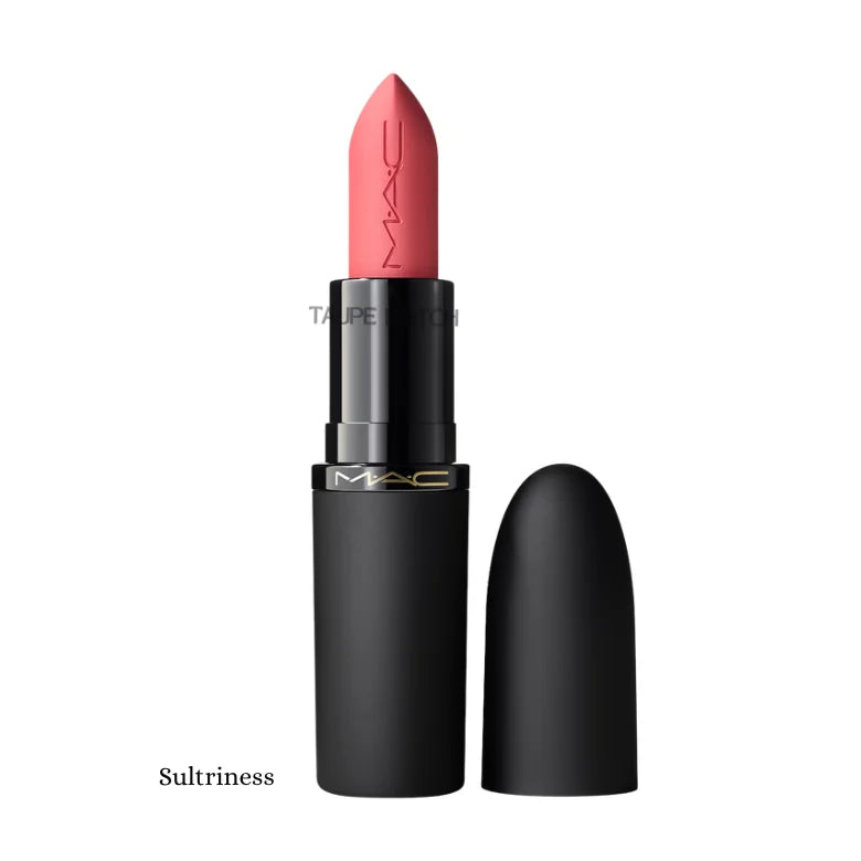 MAC Macximal Silky Matte Lipstick in Sultriness, mauve-red bullet with black cap