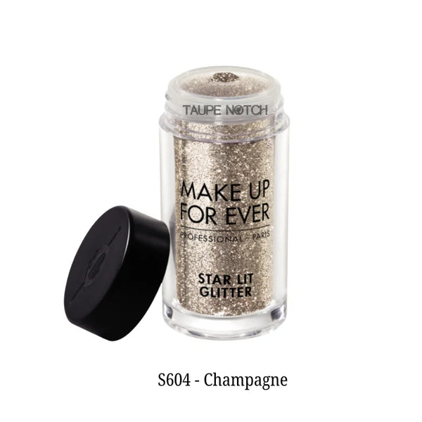 Star Lit Glitter small jar, champagne-gold fine glitter, black cap opened.