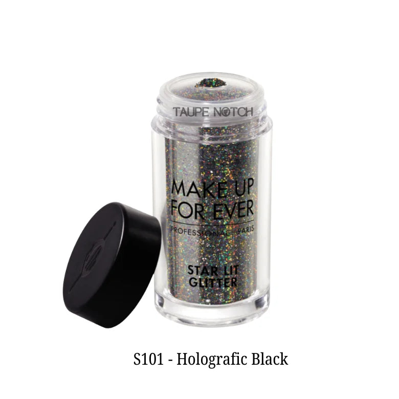 Star Lit Glitter small jar, holographic multicolor glitter, black cap opened.