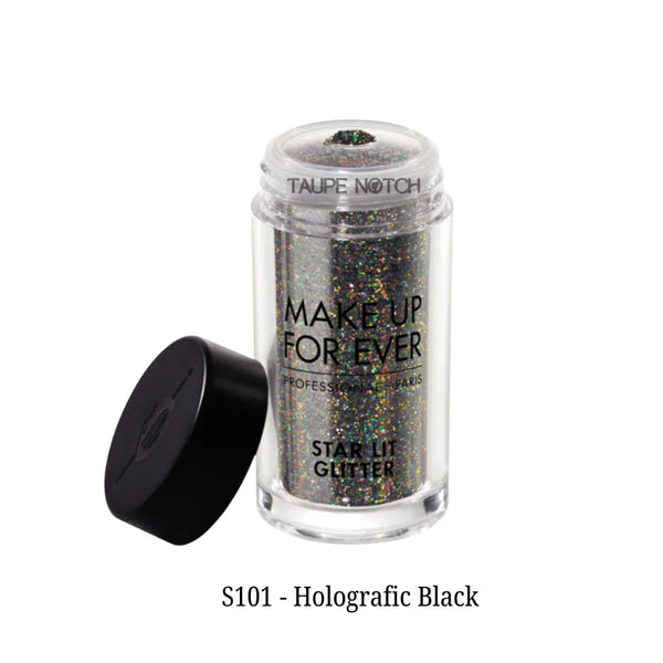 Star Lit Glitter small jar, holographic multicolor glitter, black cap opened.