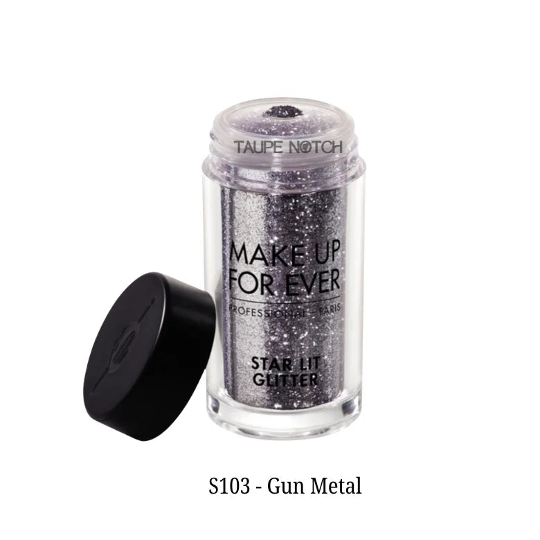 Star Lit Glitter small jar, gunmetal gray glitter, black cap opened.