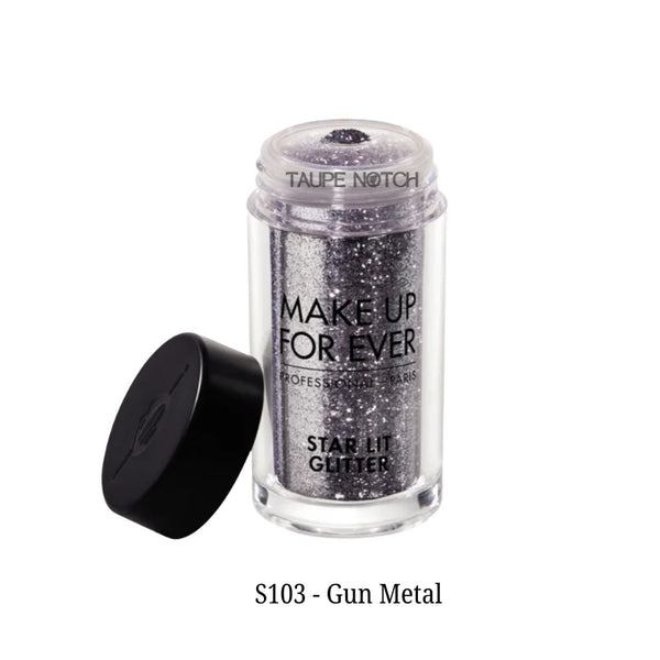 Star Lit Glitter small jar, gunmetal gray glitter, black cap opened.