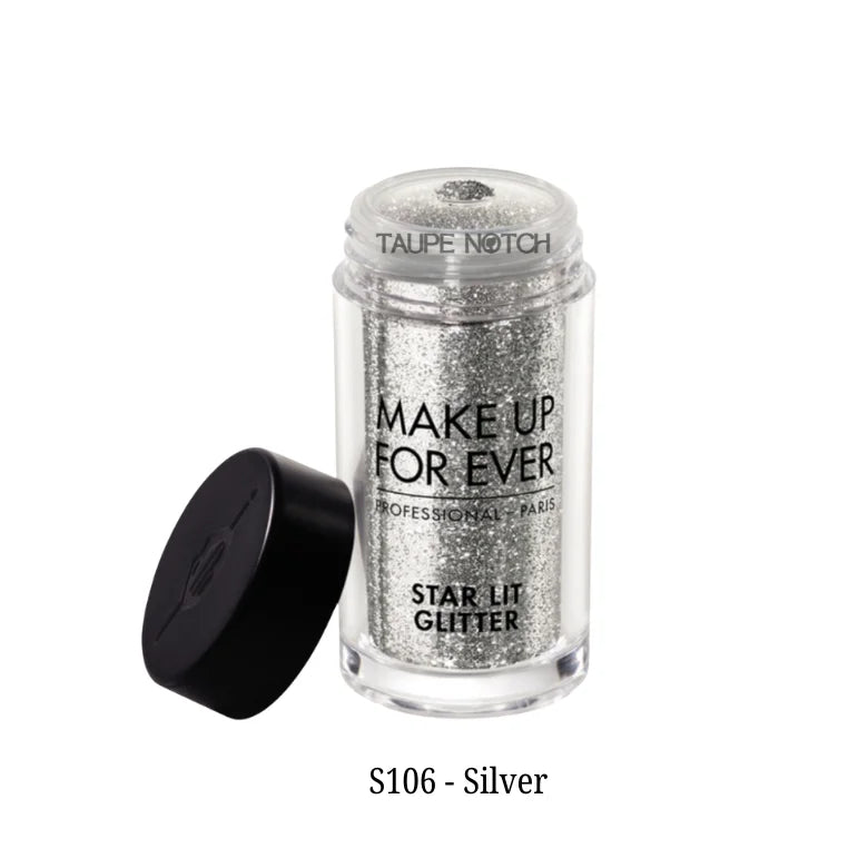 Star Lit Glitter small jar, metallic silver glitter, black cap opened.