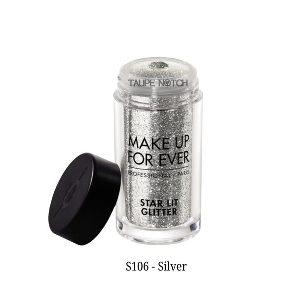 Star Lit Glitter small jar, metallic silver glitter, black cap opened.