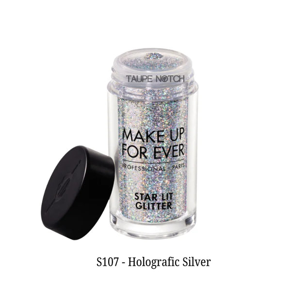 Star Lit Glitter small jar, holographic silver glitter, black cap opened.