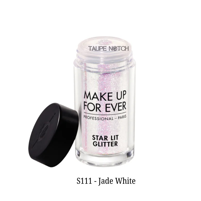 Star Lit Glitter small jar, pale pink and white iridescent glitter, black cap opened.