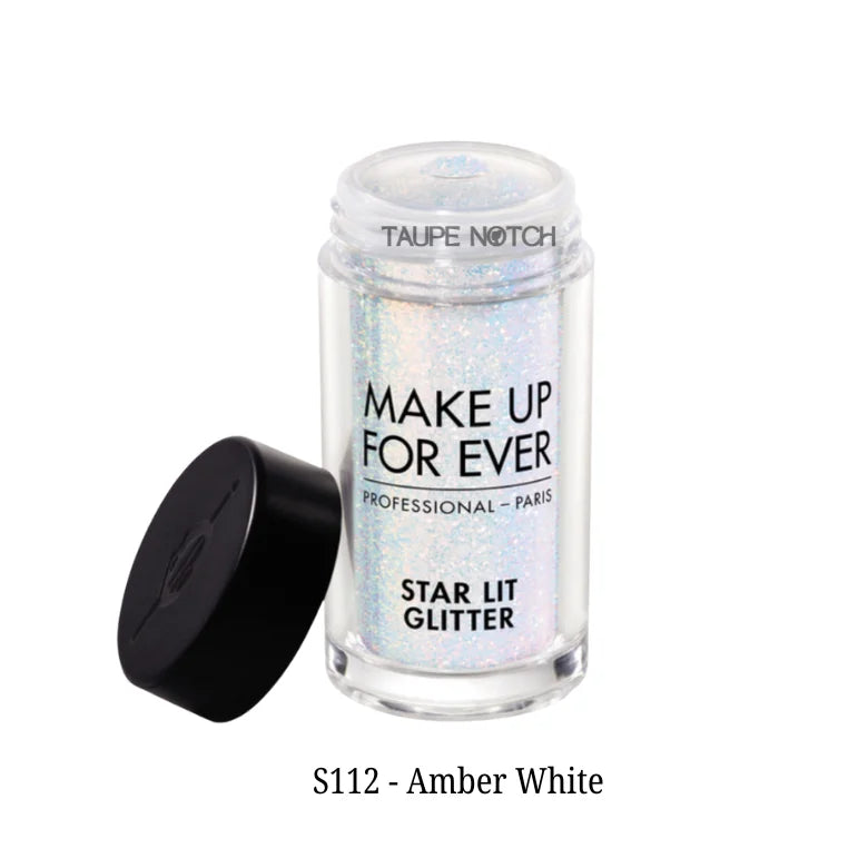 Star Lit Glitter small jar, white with light blue iridescent glitter, black cap opened.
