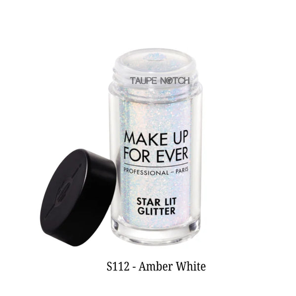Star Lit Glitter small jar, white with light blue iridescent glitter, black cap opened.
