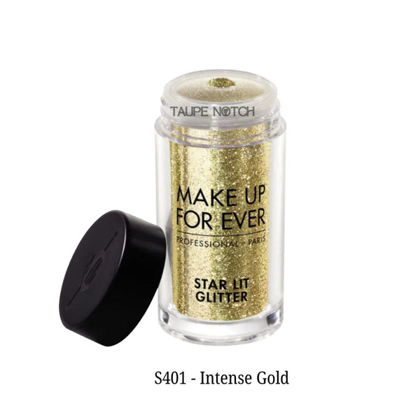 Star Lit Glitter small jar, bright gold glitter, black cap opened.
