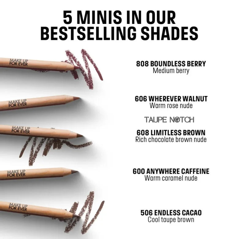 Five mini lip color pencils with swatches and shade lineup