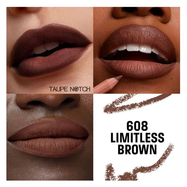 Limitless Brown lip pencil shade applied to lips and shown as a swatch