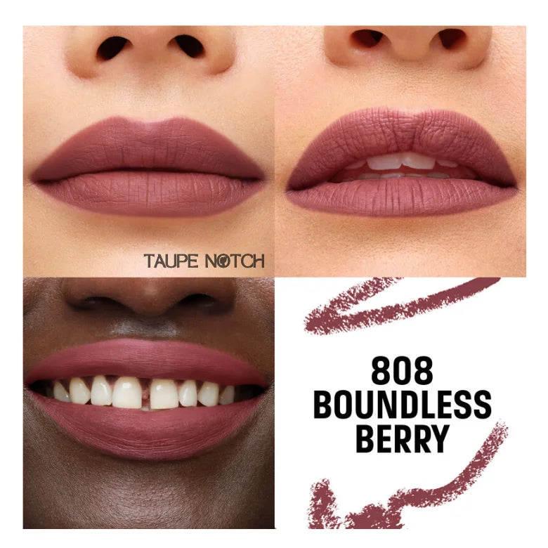 Boundless Berry lip pencil shade on lips and as a makeup swatch