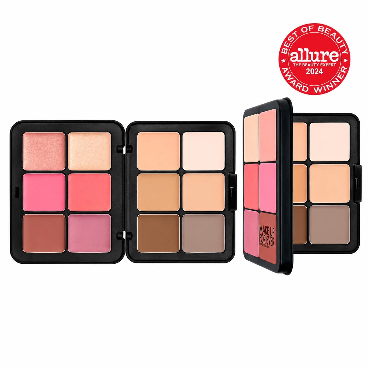 Make Up For Ever face essentials palette with coral, rosy, and nude pans, open view