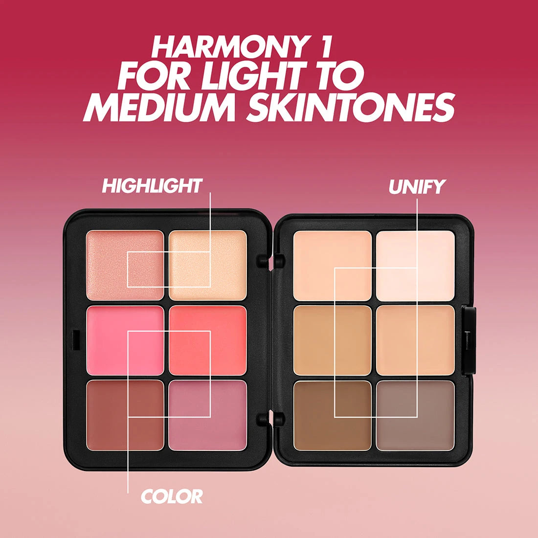 Make Up For Ever face essentials palette with rosy and light nude pans, shown open