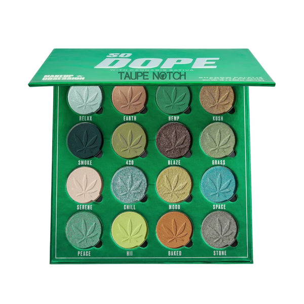 Eyeshadow palette with 12 round pans in green, earth, gold, and cool tones
