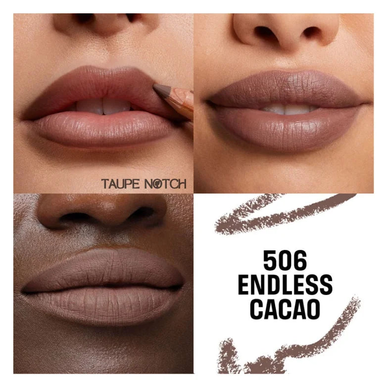 Endless Cacao lip pencil shade on lips and displayed as a swatch