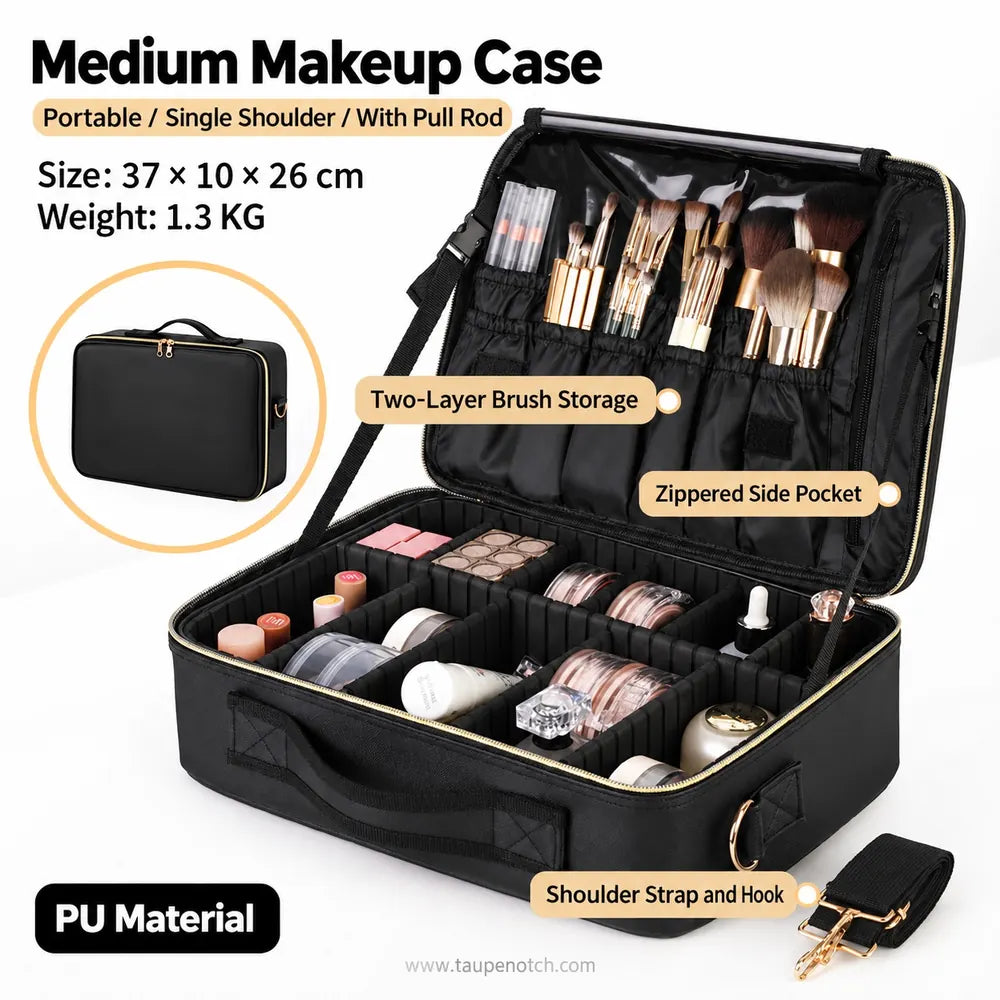 A black bag that is carrying so many makeup products in different different compartment
