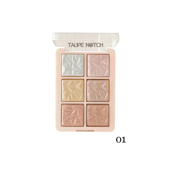 Highlighter palette with six pressed shades in taupe, gold, and rosy beige tones (shade 01)