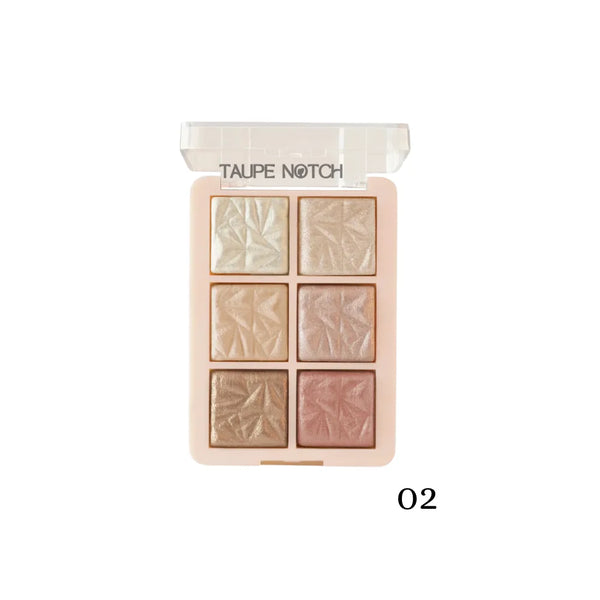 Highlighter palette with six pressed shades in bronze, gold, and rose tones (shade 02)