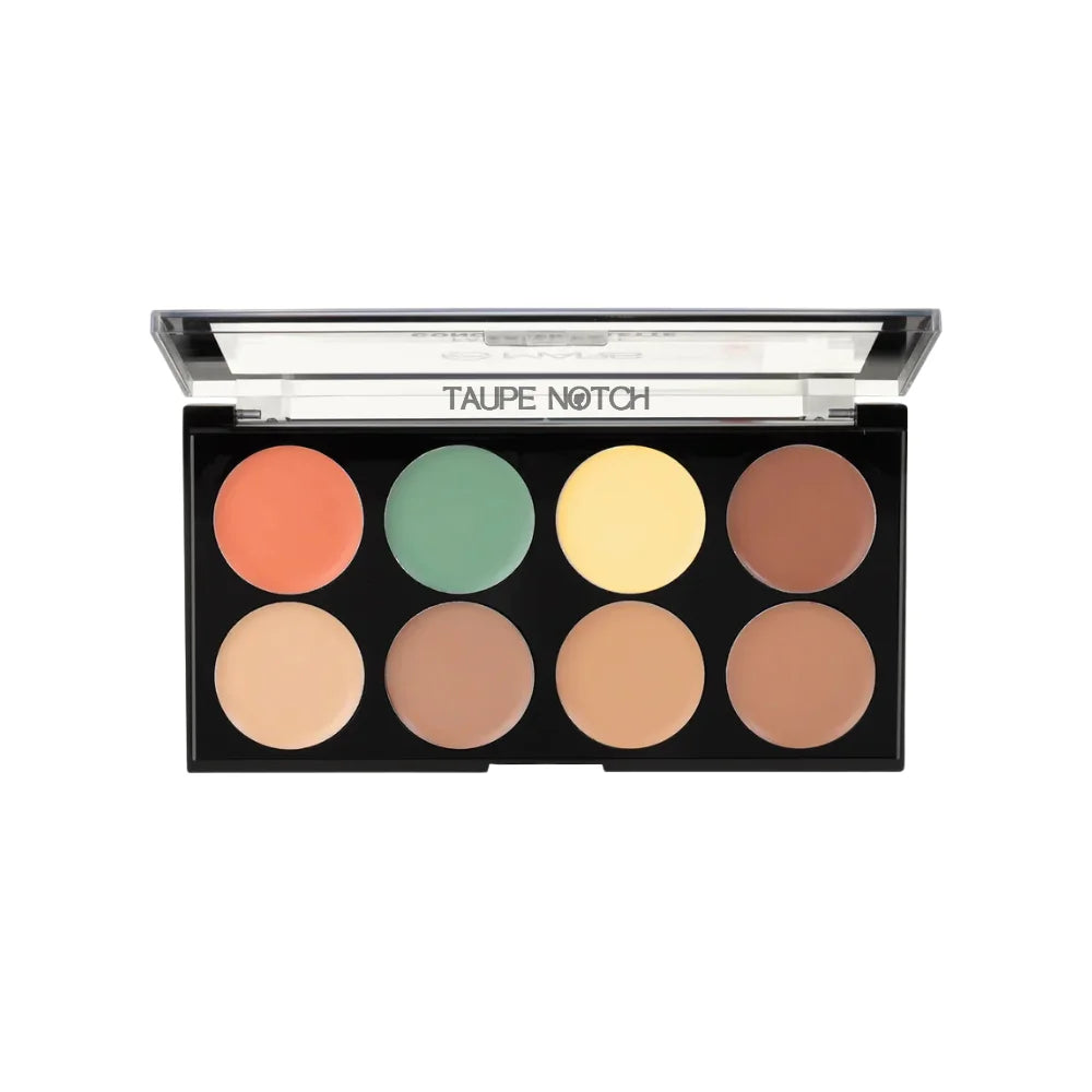 Face concealer palette with eight circular shades in peach, green, yellow, and brown