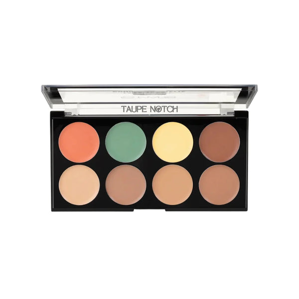 Face concealer palette with eight circular shades in peach, green, yellow, and brown