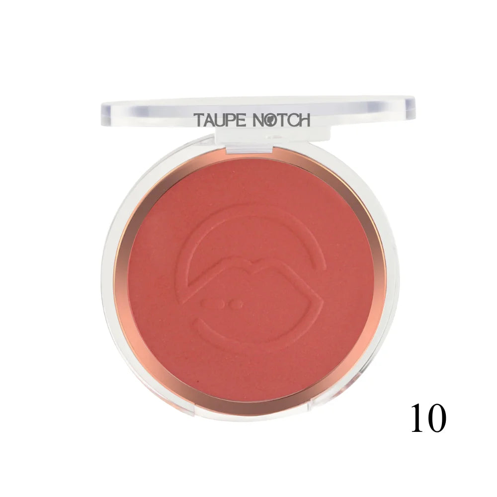 Pressed face blusher compact, warm red powder shade 10 with embossed heart logo.