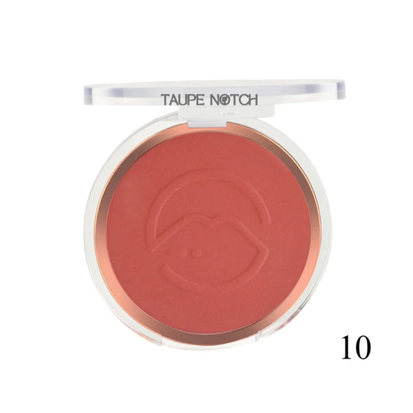 Pressed face blusher compact, warm red powder shade 10 with embossed heart logo.