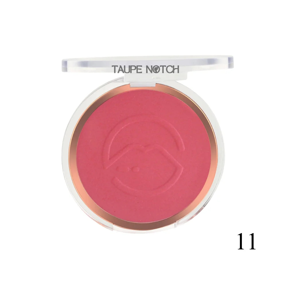 Pressed face blusher compact, rosy pink powder shade 11 with embossed heart logo.