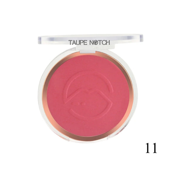 Pressed face blusher compact, rosy pink powder shade 11 with embossed heart logo.