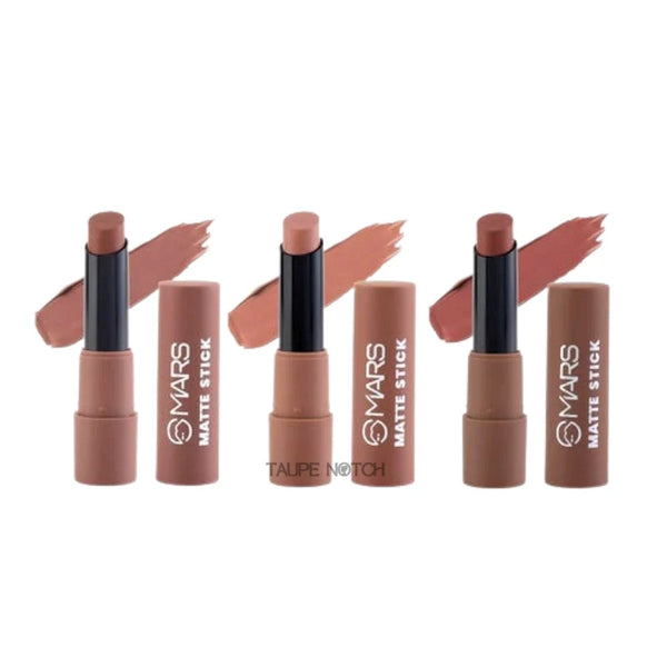 MARS matte lipstick set of 3 with applicators and brown swatches