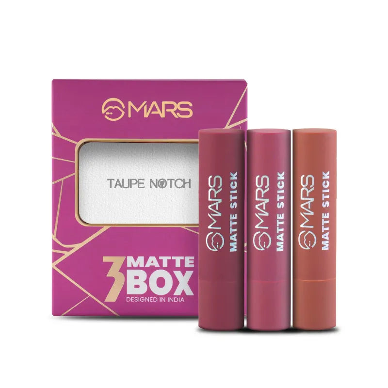 Mars matte lipsticks set of 3 in taupe, rose, and peach-nude shades, with box