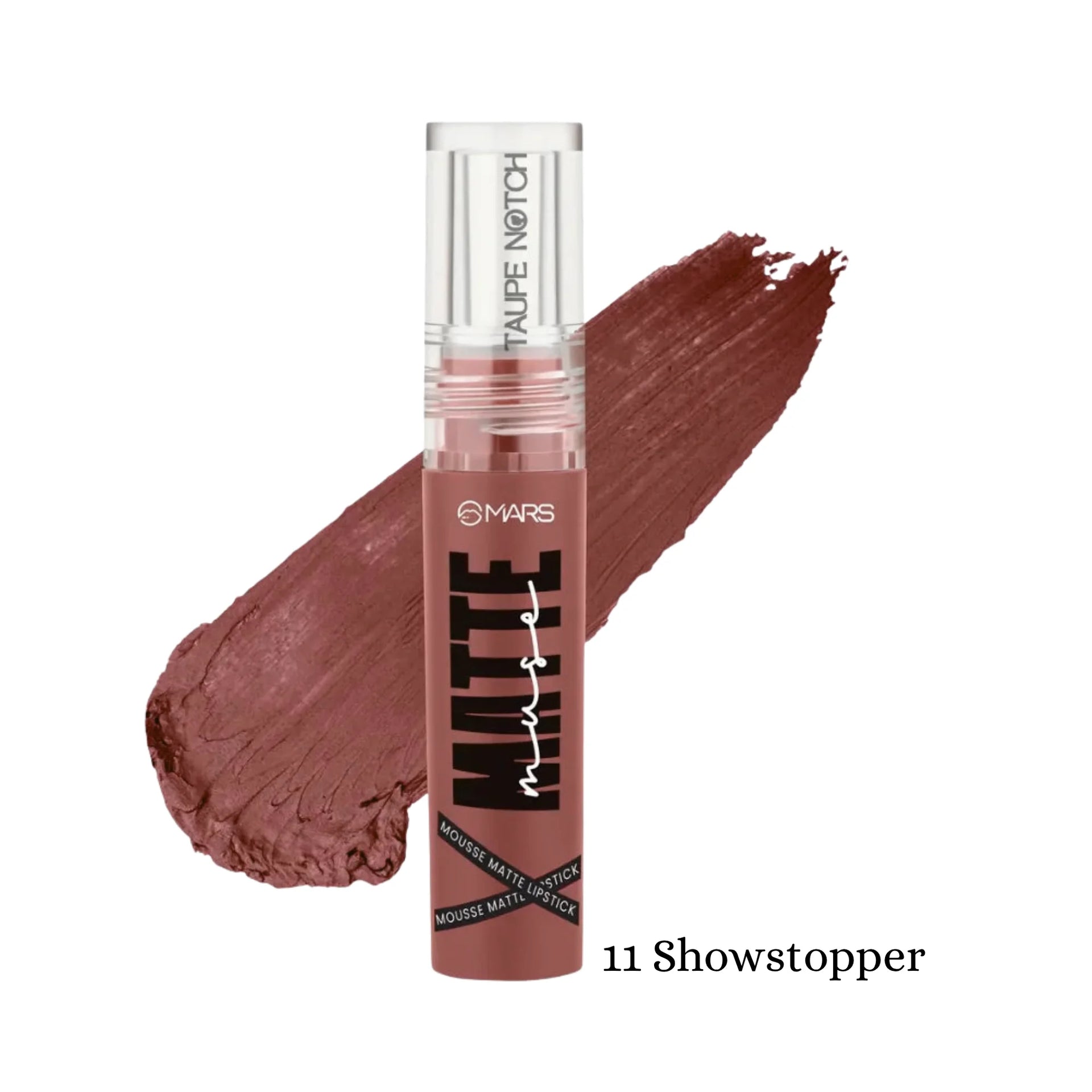 Matte mousse lipstick in mauve-brown shade, tube and swatch, labeled 11 Showstopper