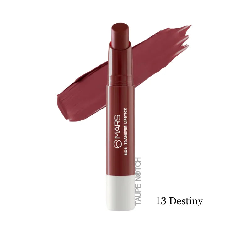 Mars non-transfer lipstick, shade 13 Destiny, deep rose-brown with swatch