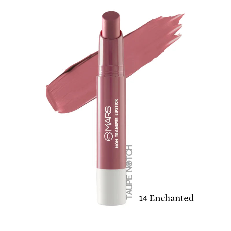 Mars non-transfer lipstick, shade 14 Enchanted, mauve pink with swatch