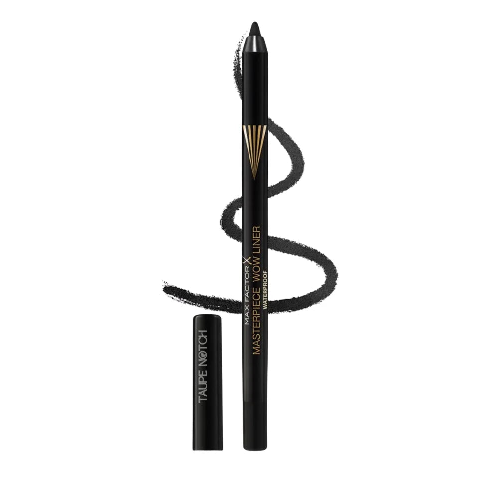 Black eyeliner pen with cap, fine tip and gold branding on barrel