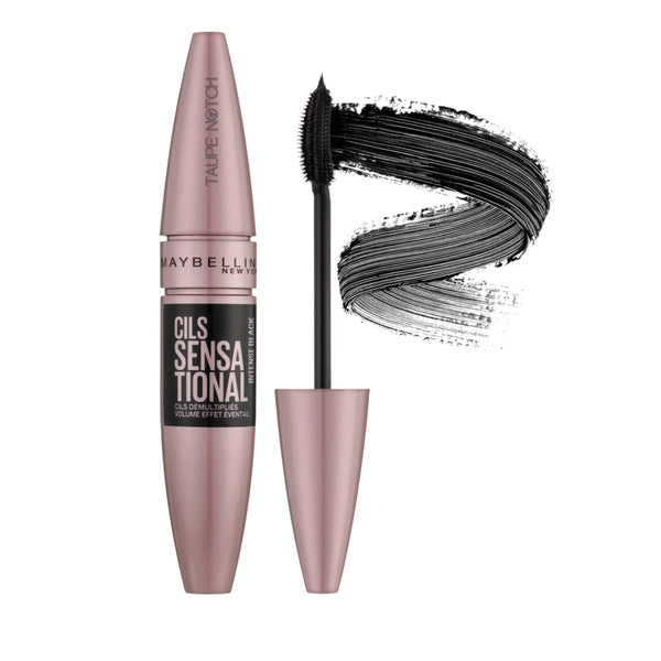 Maybelline Cils Sensational mascara in Intense Black with applicator and mascara swatch