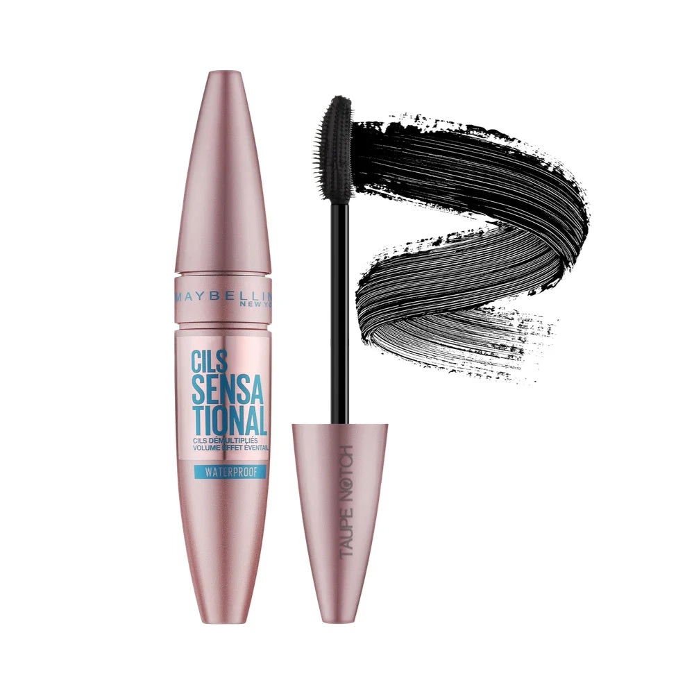 Maybelline waterproof mascara in Very Black with applicator wand and black lash coating