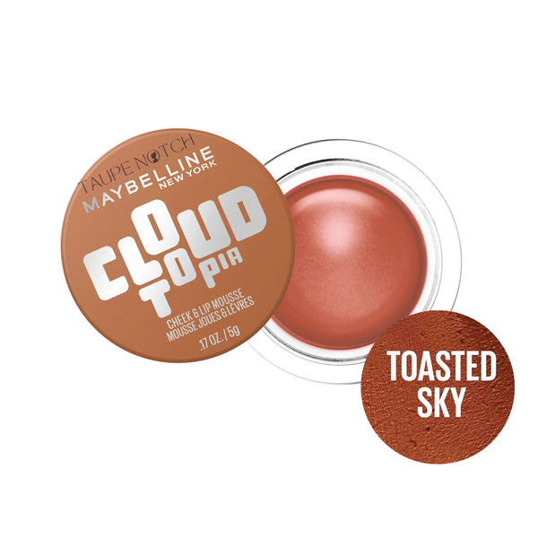 Maybelline Cloudtopia cheek and lip mousse blush, Toasted Sky, brown-copper round container