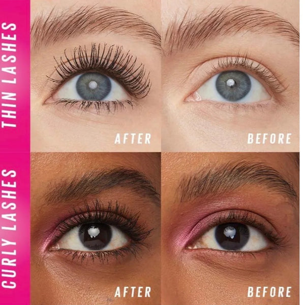 Before-and-after eye lash view with fuller curled lashes in dark mascara